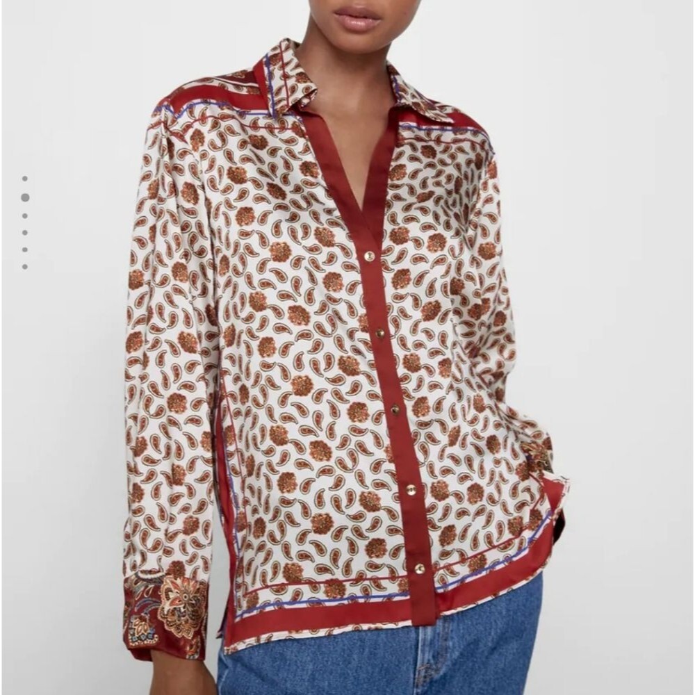 Zara Paisley Floral Printed Satin Button Front Shirt Blouse Women's Medium